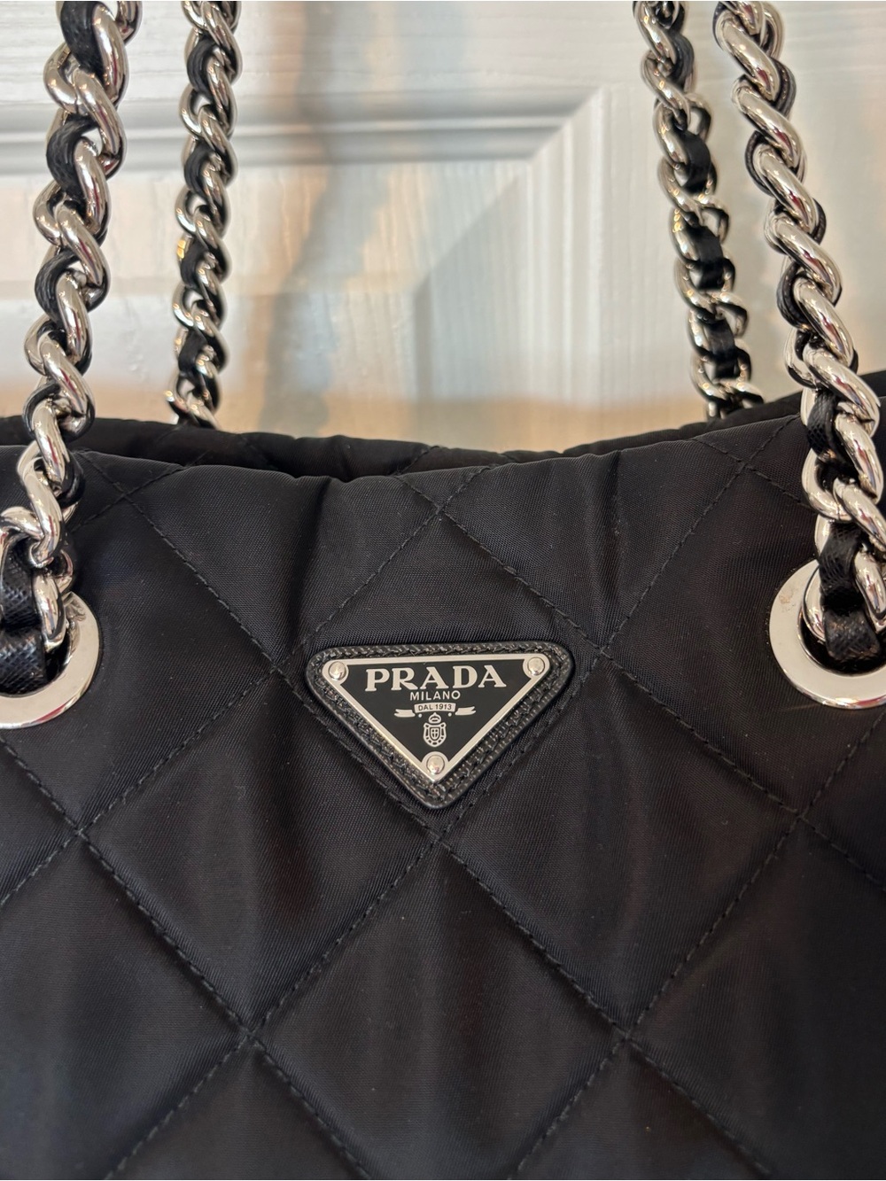 Prada Black Quilted Nylon Tote with Chain-Strap Handles